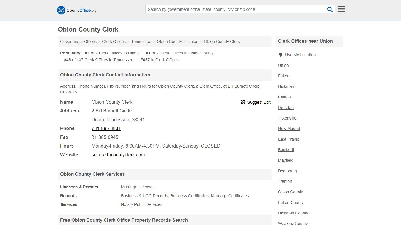 Obion County Clerk - Union, TN (Address, Phone, Fax, and ...